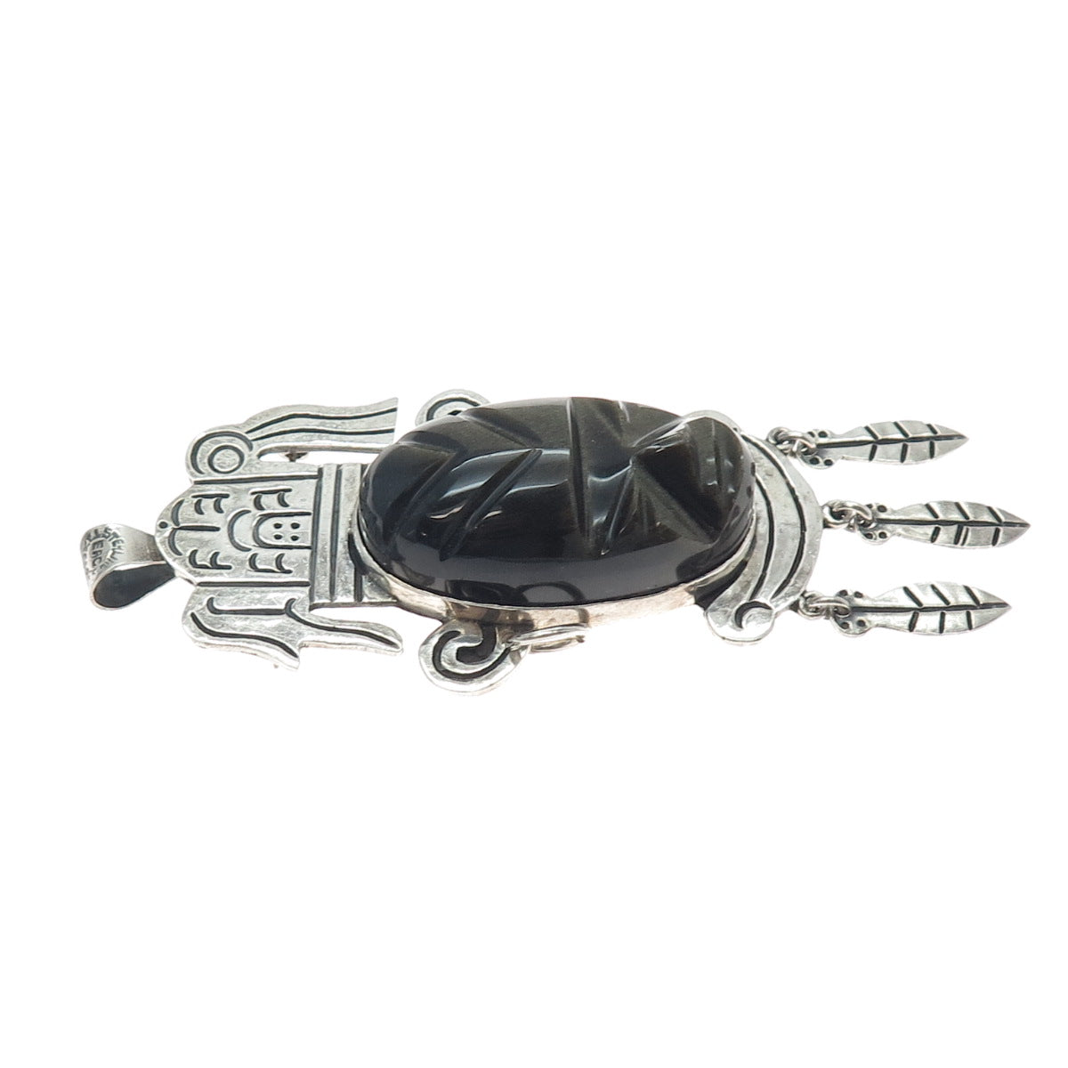 925 Sterling Vintage Mexico Real Golden Sheen Obsidian Carved Tribal God Pendant