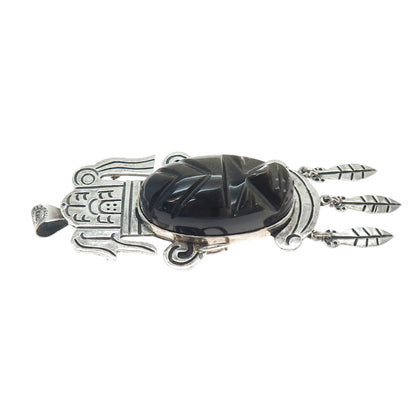 925 Sterling Vintage Mexico Real Golden Sheen Obsidian Carved Tribal God Pendant