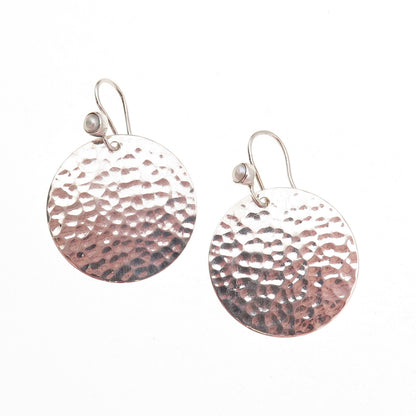 925 Sterling Silver Real Pearl Hammered Disc Dangle Earrings