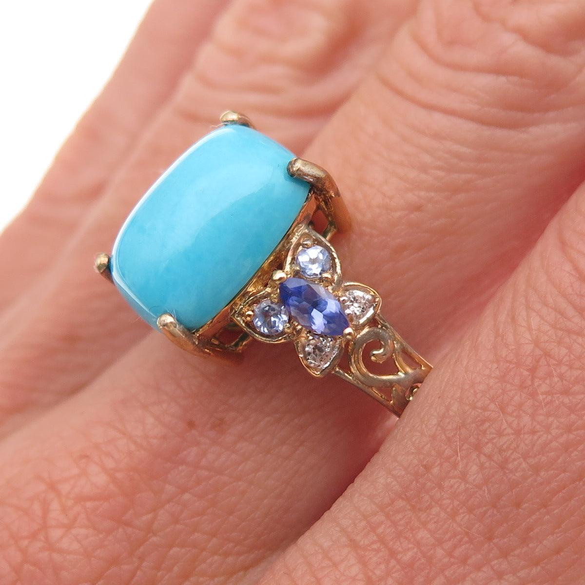 Chuck Clemency 925 Sterling Gold Plated Turquoise Tanzanite Topaz Ring Size 8.25