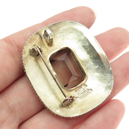 935 Silver Gold Plated Vintage Israel Smoky Quartz Cannetille Brooch / Pendant