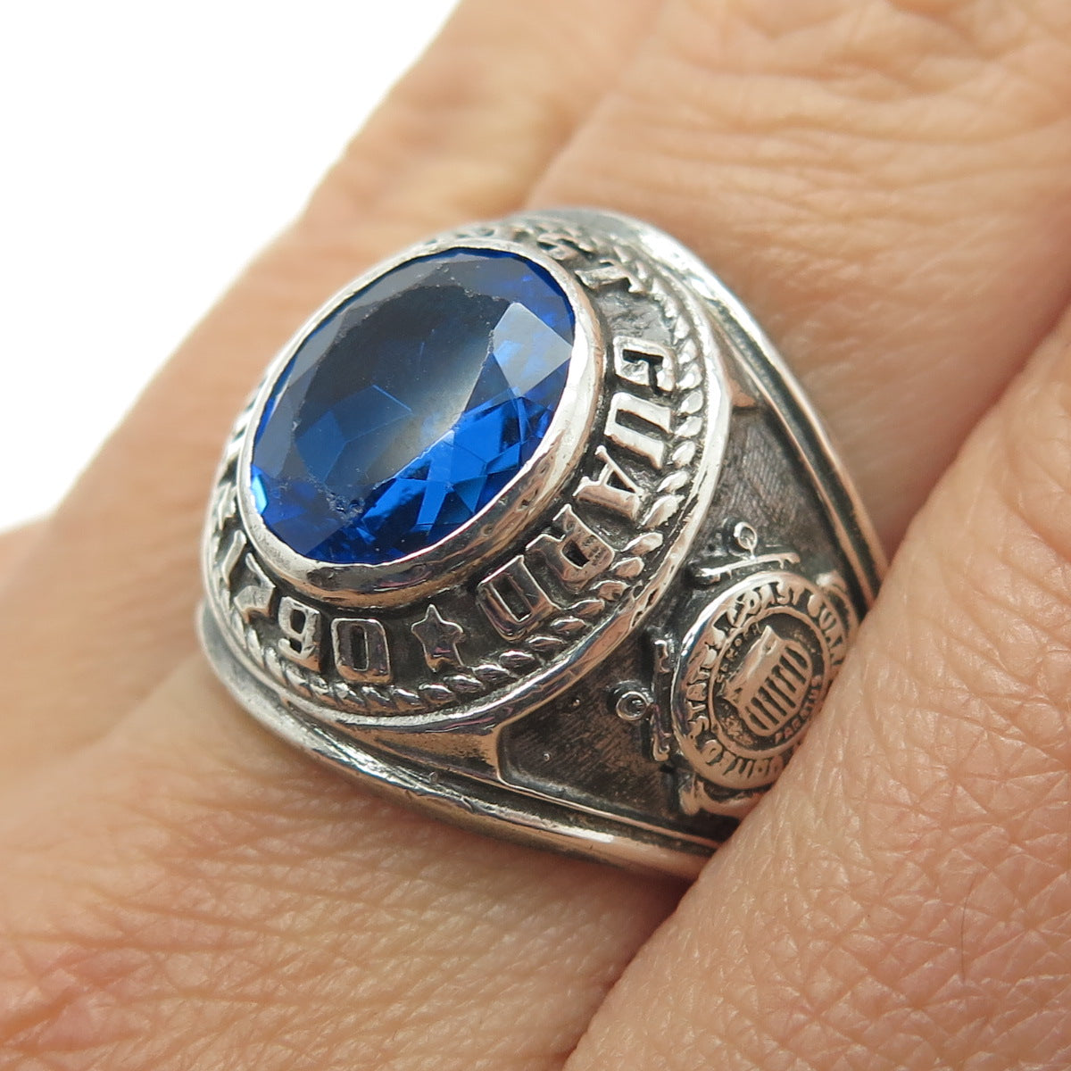 CREST CRAFT Sterling Vintage Lab-Created Sapphire US Coast Guard Ring Size 8.75