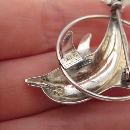 Beau 925 Sterling Silver Vintage Dolphin Oxidized Pin Brooch