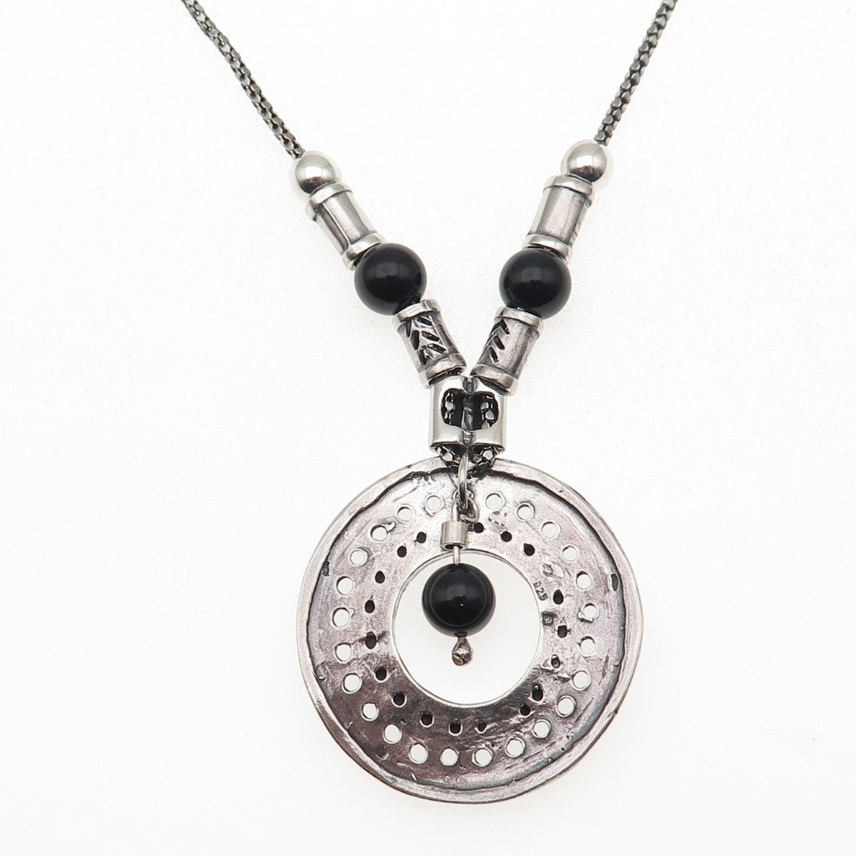 925 Sterling Silver Vintage Real Black Onyx Modernist Disc Chain Necklace 32"