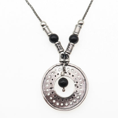 925 Sterling Silver Vintage Real Black Onyx Modernist Disc Chain Necklace 32"