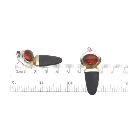 Michou 925 Sterling Silver 2-Tone Vintage Real Amber Amethyst Obsidian Earrings