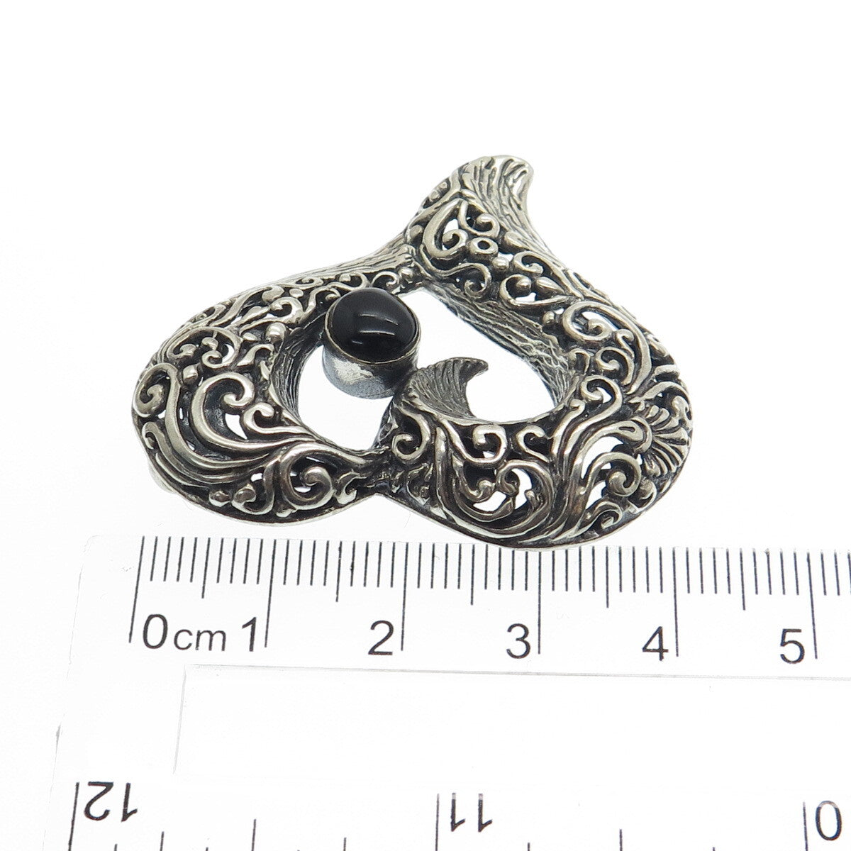 925 Sterling Silver Vintage Real Black Onyx Ornate Heart Oxidized Pendant