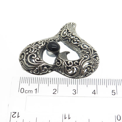 925 Sterling Silver Vintage Real Black Onyx Ornate Heart Oxidized Pendant
