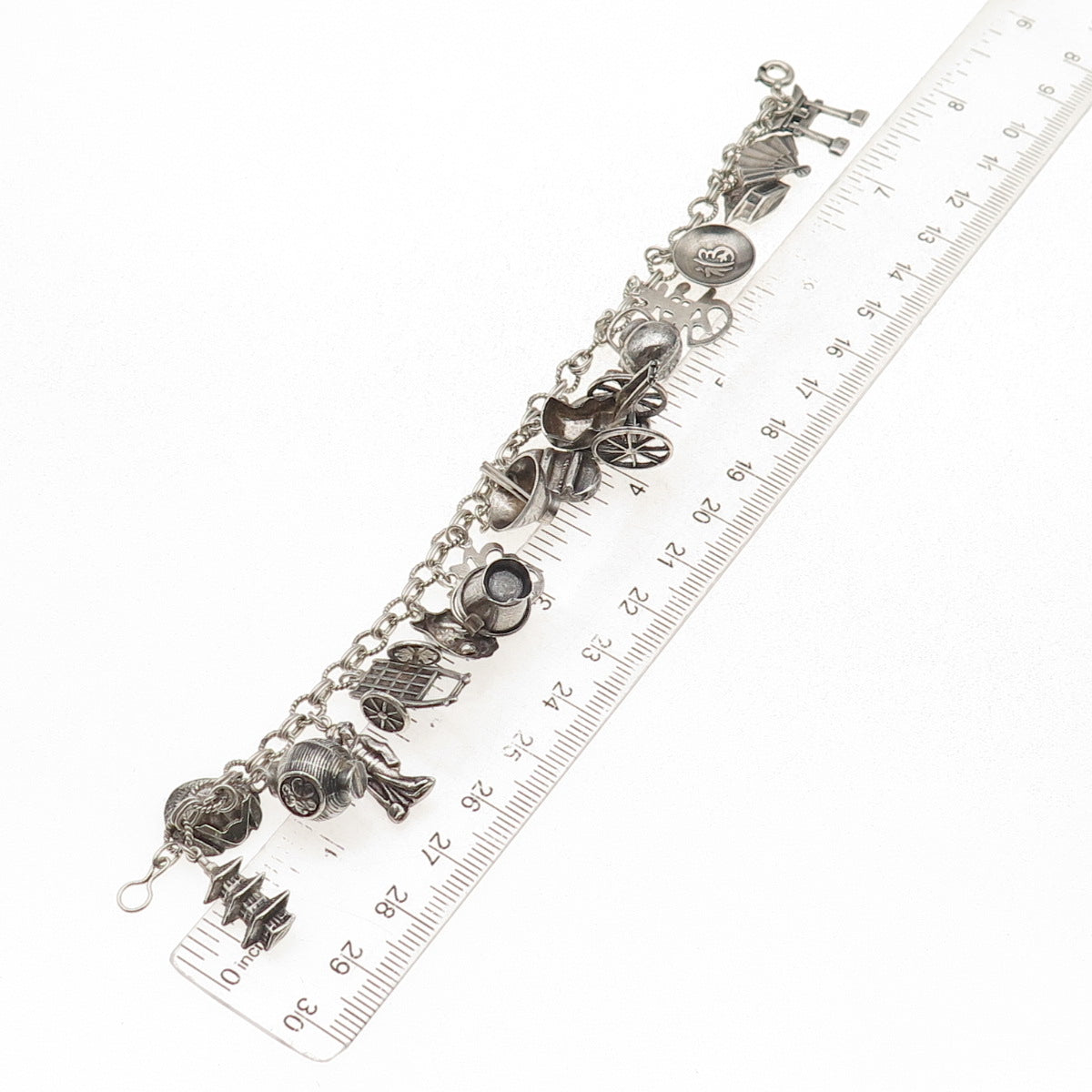 950 Silver Antique Japanese Culture & Travel Dangle Charms Bracelet 7.5"
