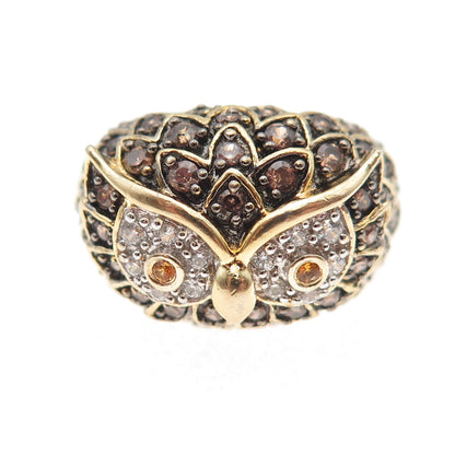 925 Sterling Silver Gold Plated Multi-Color C Z Owl Bird Ring Size 5.25