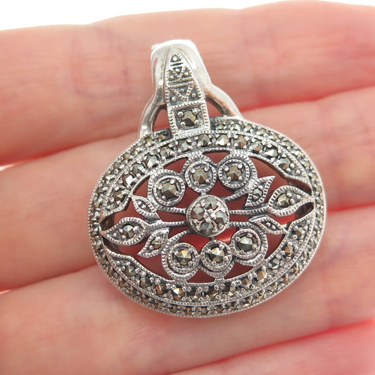 925 Sterling Silver Vintage Real Marcasite Flower Oxidized Pendant