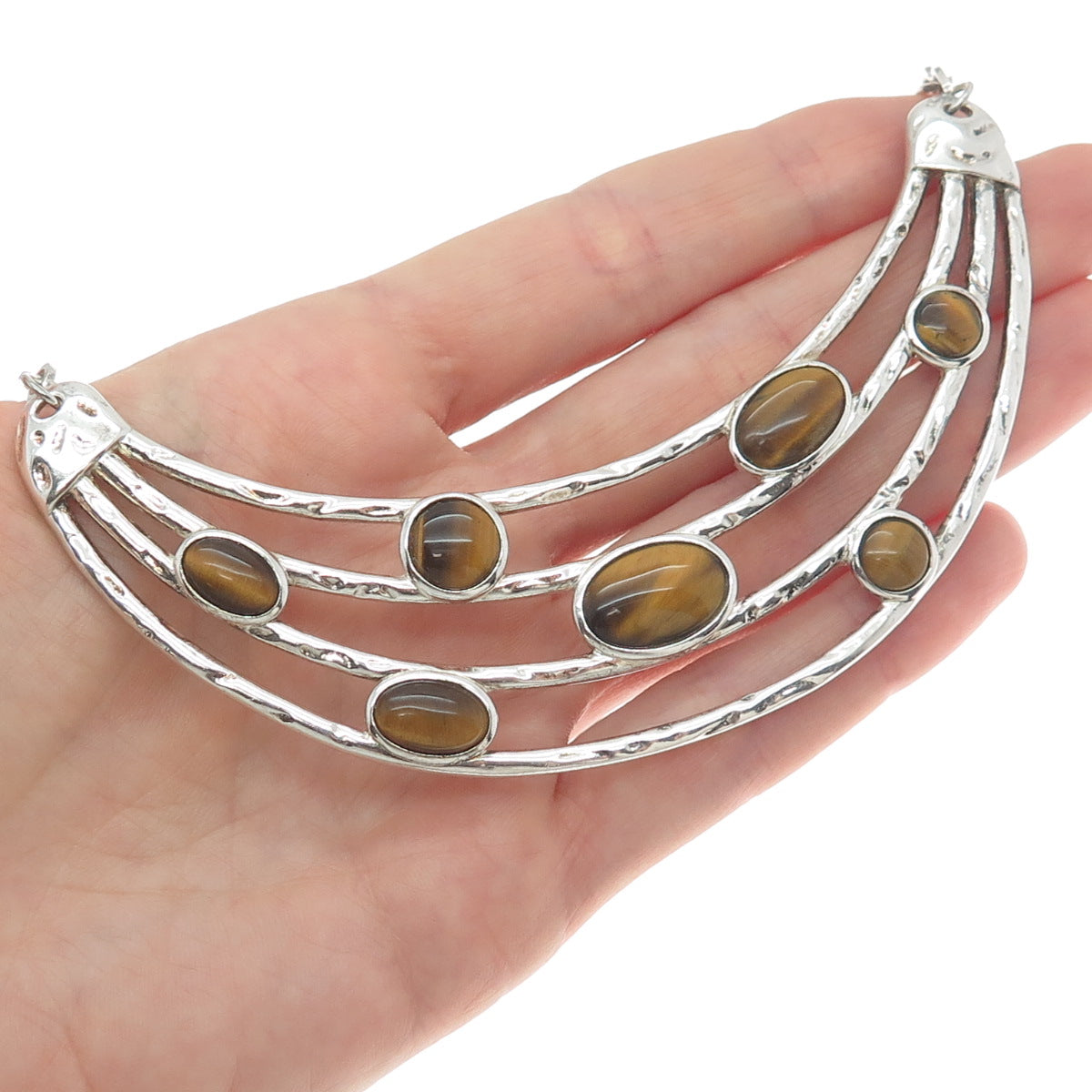 925 Sterling Silver Vintage Real Tiger Eye Modernist Crescent Chain Necklace 18"