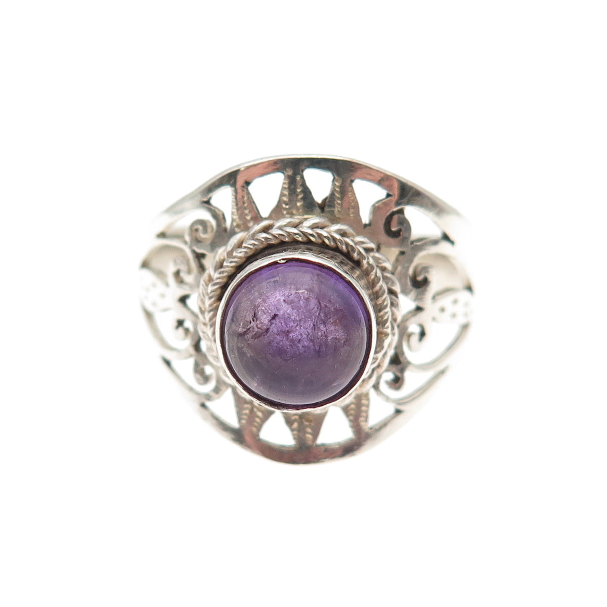 925 Sterling Silver Vintage Real Amethyst Modernist Sun Ring Size 7.75