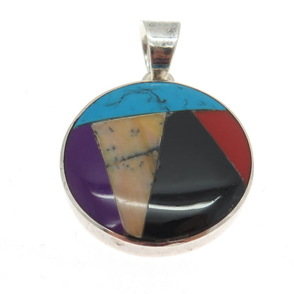 925 Sterling Silver Vintage Mexico Black Onyx Sugilite Turquoise Jasper Pendant