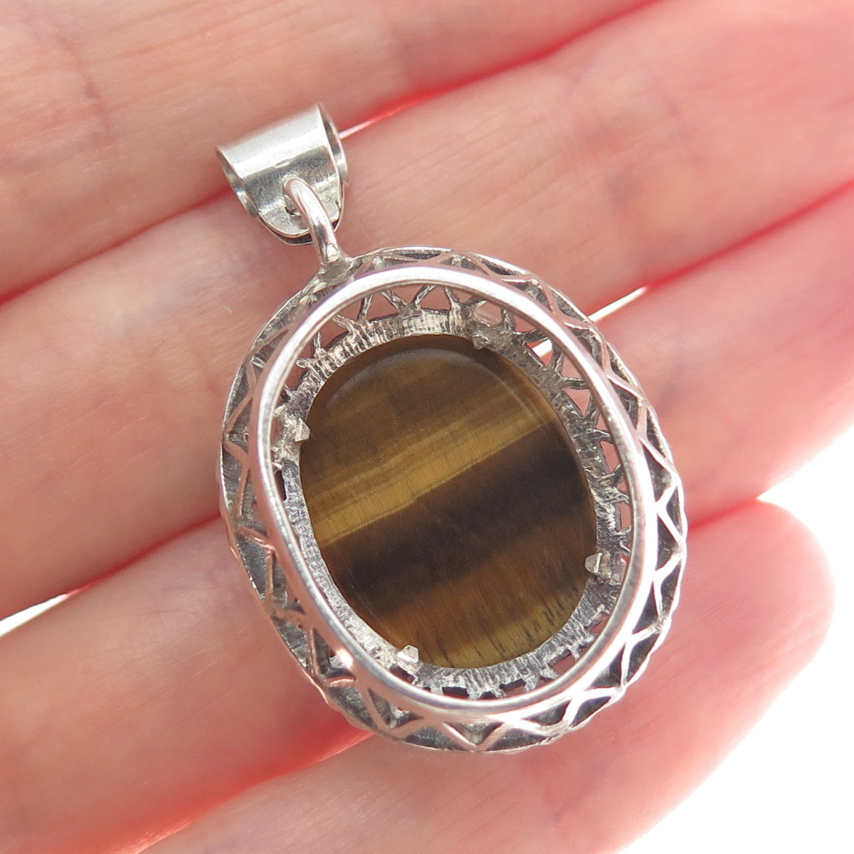 925 Sterling Silver Vintage Real Tiger Eye Gemstone Hearts Eternity Pendant