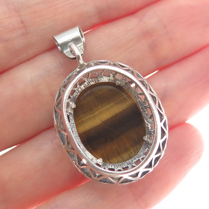 925 Sterling Silver Vintage Real Tiger Eye Gemstone Hearts Eternity Pendant