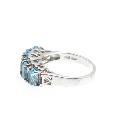 925 Sterling Silver Real Oval-Cut Blue Topaz Cluster Ring Size 6