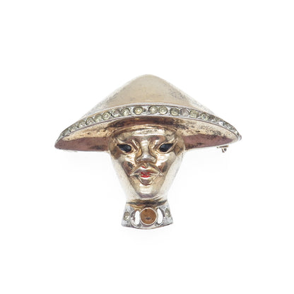 925 Sterling Gold Plated Antique Rhinestone Samurai Brooch (missing 3 stones)