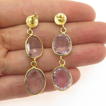 925 Sterling Silver Gold Plated Vintage Amethyst Modernist Dangle Earrings