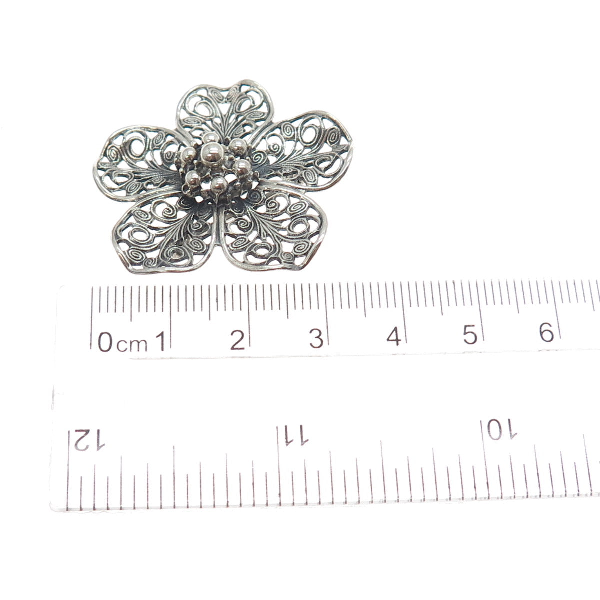 BEAU 925 Sterling Silver Antique Art Deco Flower Filigree Oxidized Pin Brooch