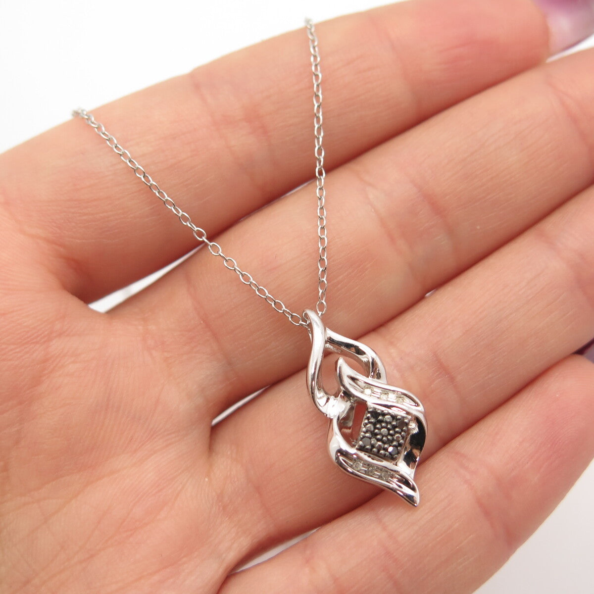 925 Sterling Silver Real White & Black Diamond Infinity Rolo Chain Necklace 16"