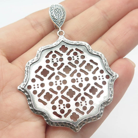 925 Sterling Silver Vintage Morocco Hammered Ornate Floral Pendant