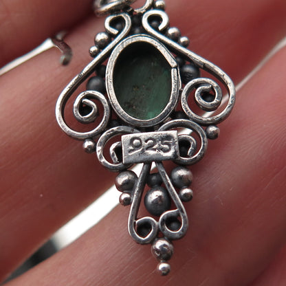 925 Sterling Silver Vintage Real Malachite Oxidized Beaded Dangle Earrings