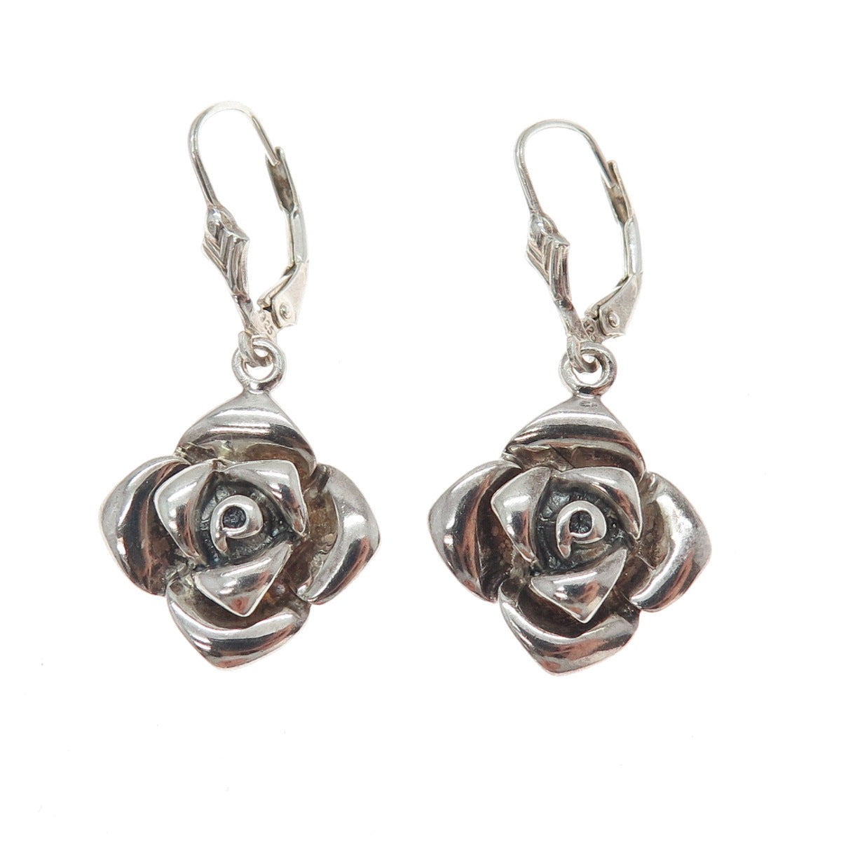 925 Sterling Silver Vintage Rose Flower Oxidized Dangle Earrings