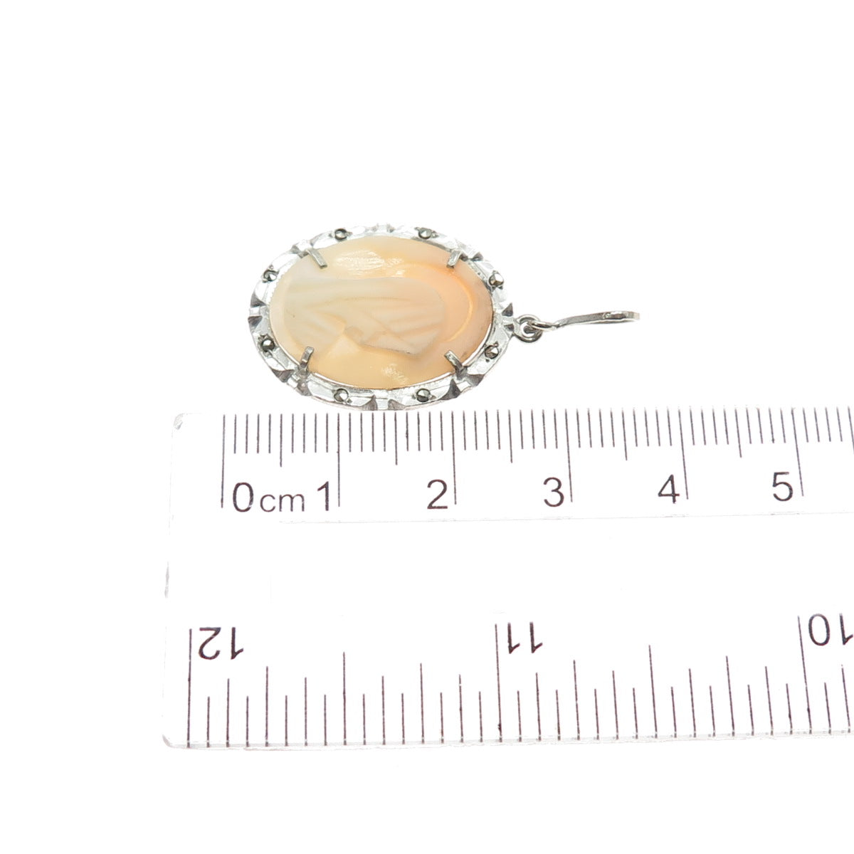 925 Sterling Silver Antique Art Deco Real MOP & Marcasite St. Mary Cameo Pendant