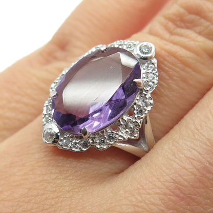 DSMK 925 Sterling Silver Oval-Cut Amethyst & White Topaz Gem Ring Size 6.25