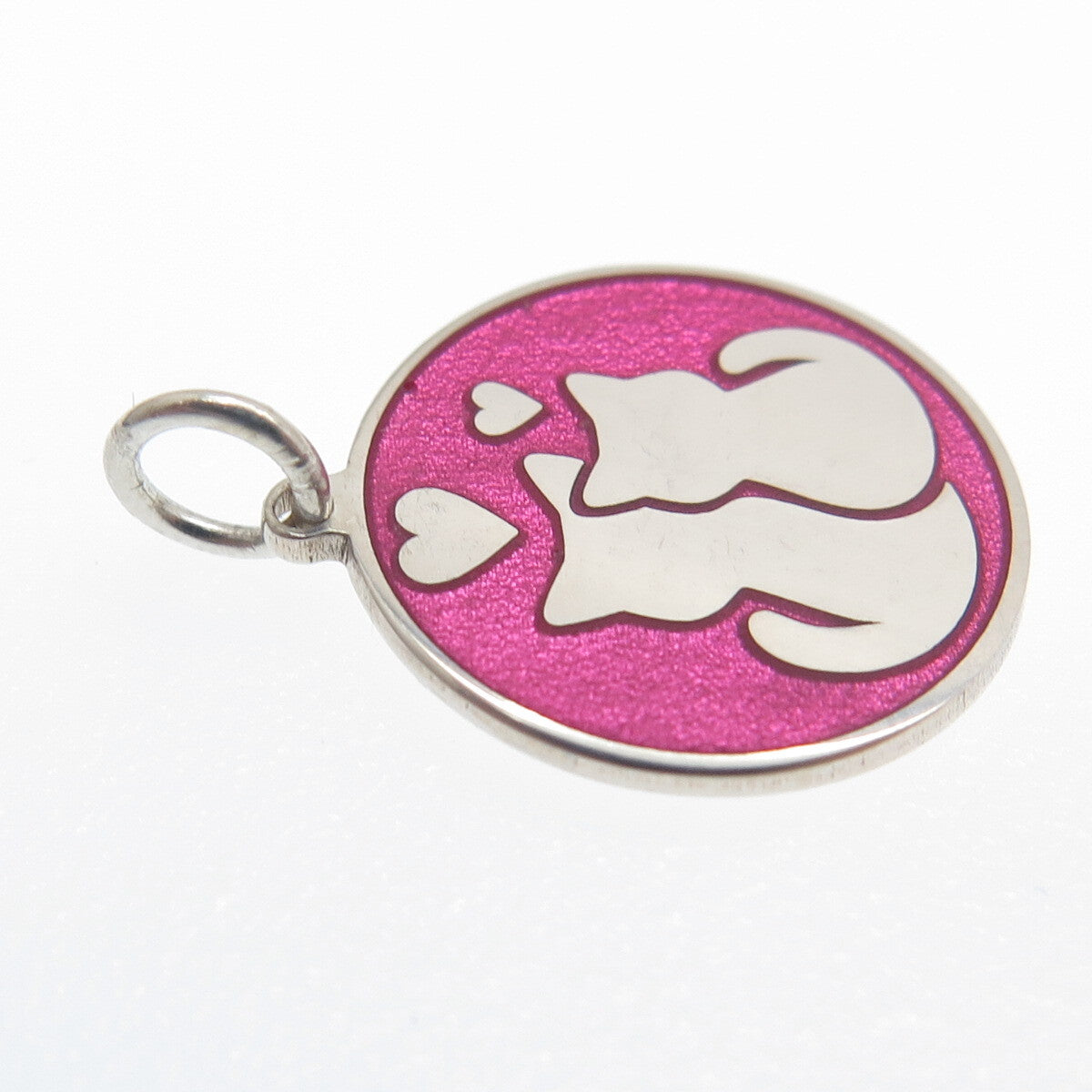 925 Sterling Silver Pink Enamel Cat Couple Round Tag Minimalist Charm Pendant