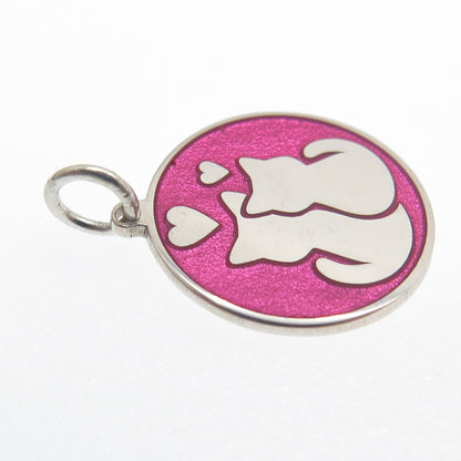 925 Sterling Silver Pink Enamel Cat Couple Round Tag Minimalist Charm Pendant
