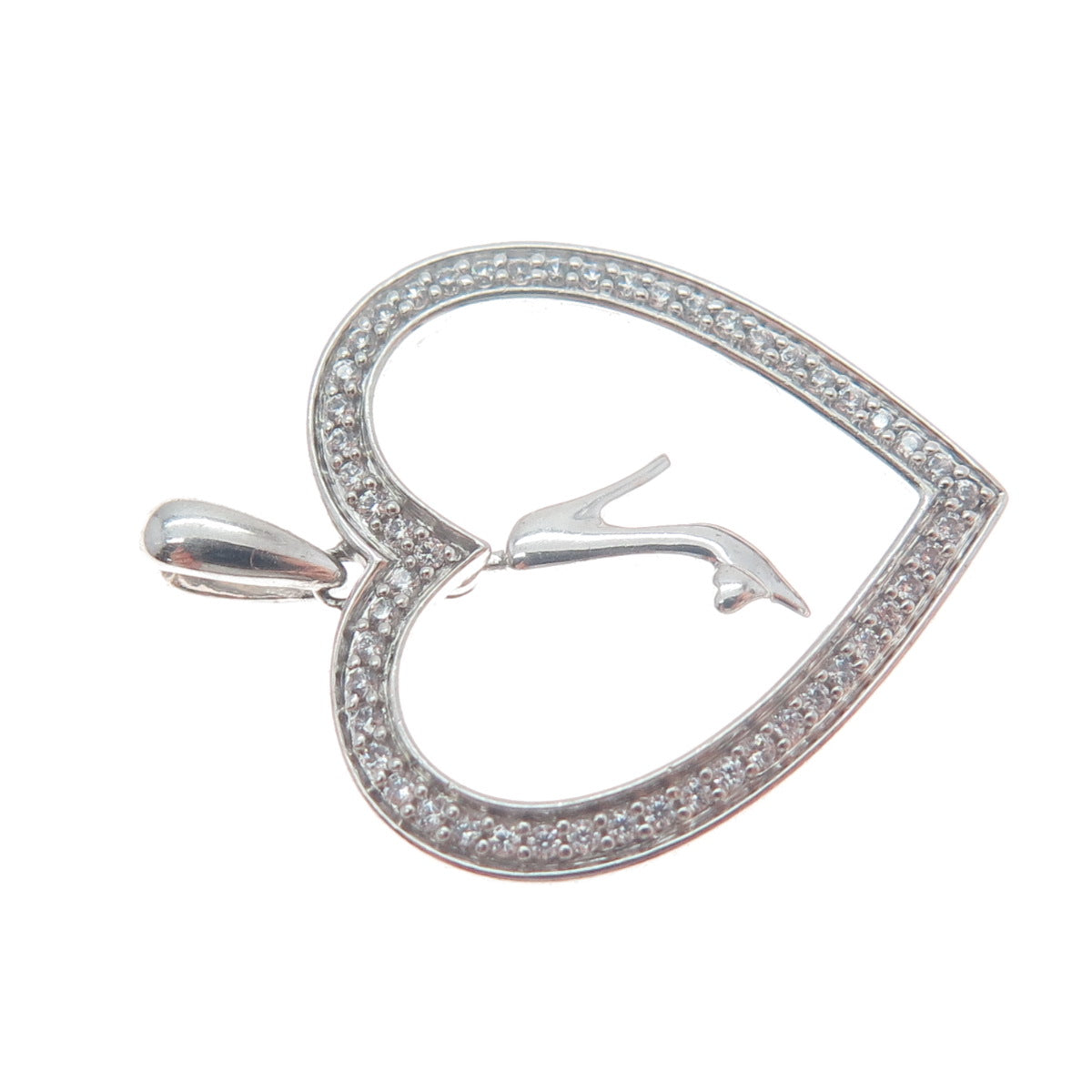 925 Sterling Silver Round-Cut C Z Ladies High Heel Shoe Heart Charm Pendant