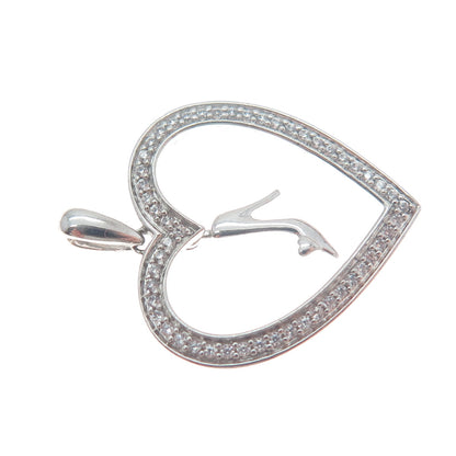 925 Sterling Silver Round-Cut C Z Ladies High Heel Shoe Heart Charm Pendant