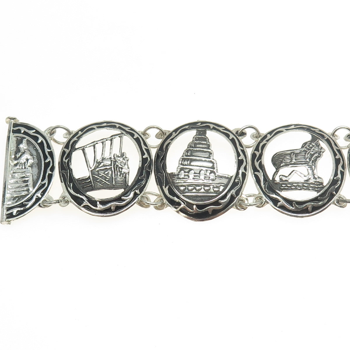 925 Sterling Silver Antique Enamel Ancient Storyteller Panel Link Bracelet 7.75"