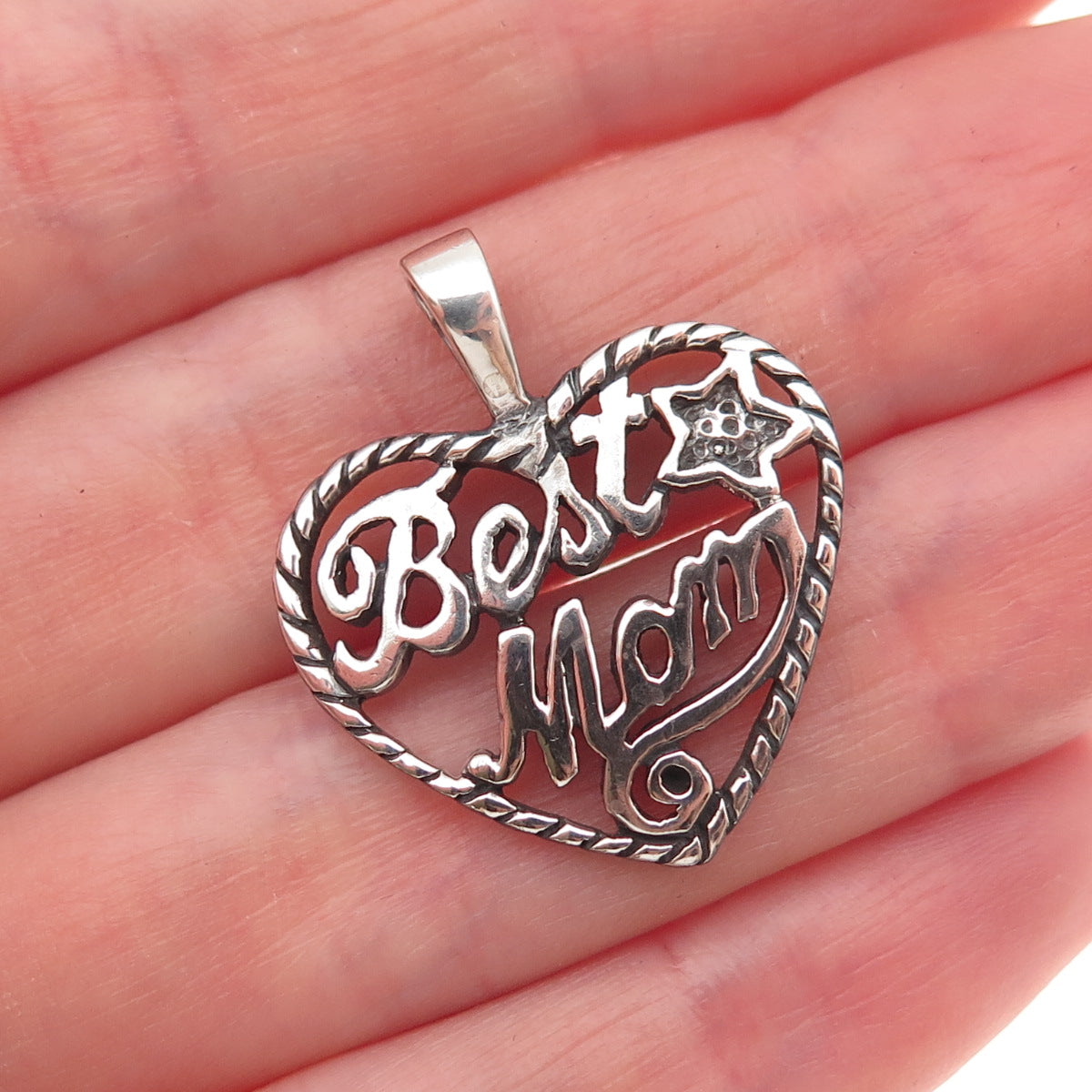 925 Sterling Silver Vintage Best Mom Heart Oxidized Charm Pendant
