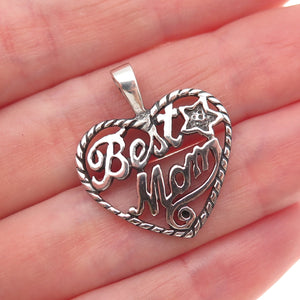 925 Sterling Silver Vintage Best Mom Heart Oxidized Charm Pendant