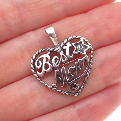 925 Sterling Silver Vintage Best Mom Heart Oxidized Charm Pendant