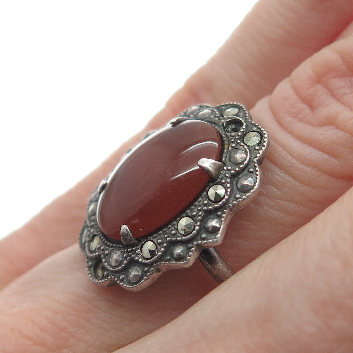 925 Sterling Silver Antique Carnelian Marcasite Ring Size 6.25 (missing 1 stone)