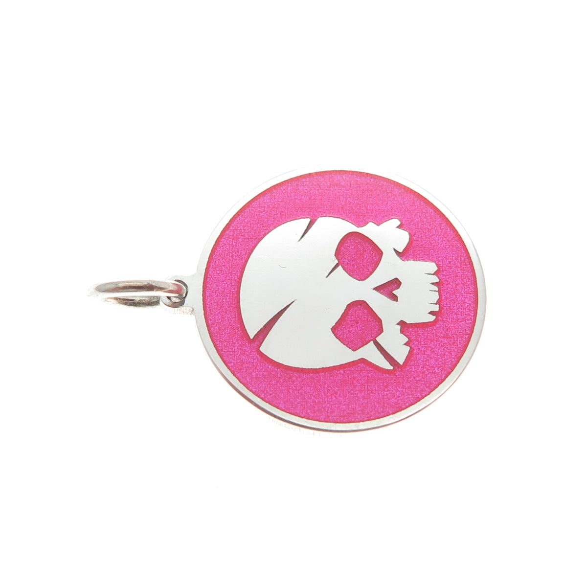 925 Sterling Silver Pink Enamel Pirate Skull Round Tag Minimalist Charm Pendant