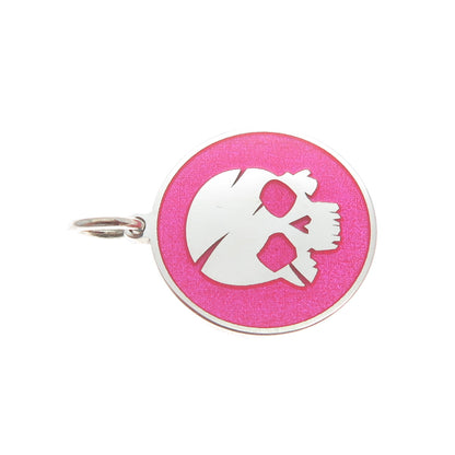 925 Sterling Silver Pink Enamel Pirate Skull Round Tag Minimalist Charm Pendant