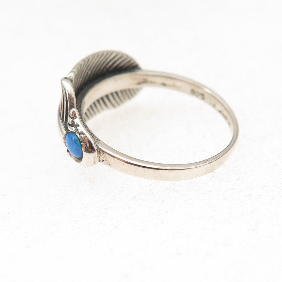 925 Sterling Silver Vintage Real Opal Feather Oxidized Ring Size 7