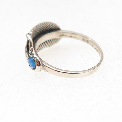 925 Sterling Silver Vintage Real Opal Feather Oxidized Ring Size 7