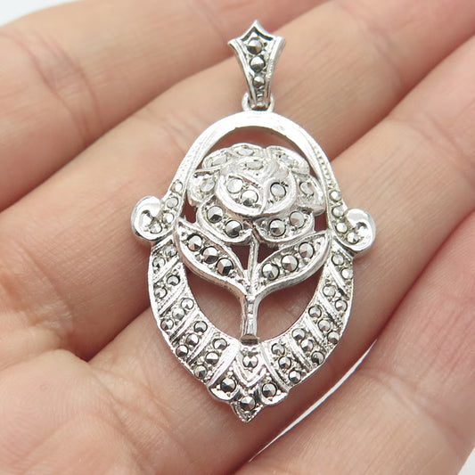 925 Sterling Silver Vintage Real Marcasite Gemstone Rose Floral Pendant