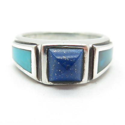 925 Sterling Silver Vintage Real Turquoise & Lapis Lazuli Ring Size 8.25