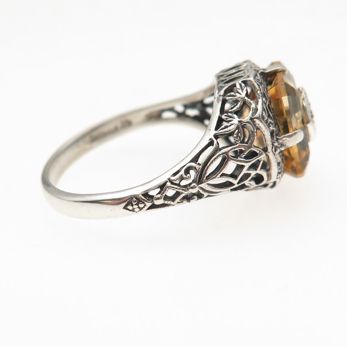 925 Sterling Silver Vintage Real Diamond & Citrine Oxidized Ring Size 8