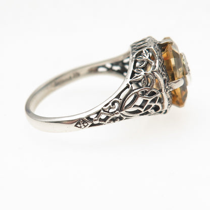 925 Sterling Silver Vintage Real Diamond & Citrine Oxidized Ring Size 8