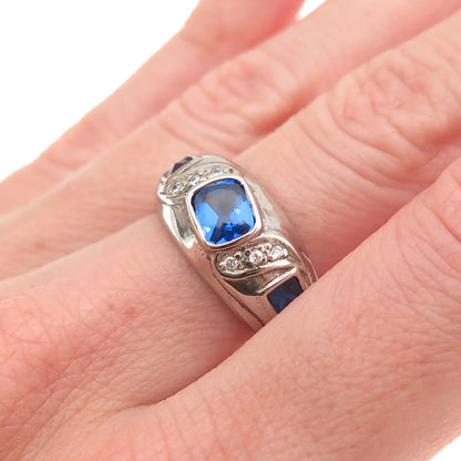 925 Sterling Silver Vintage Real Blue Topaz & C Z Modernist Ring Size 6.5