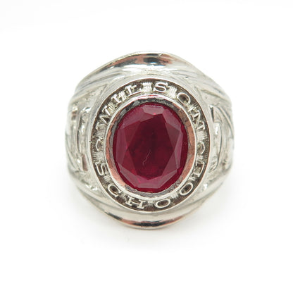 925 Sterling Silver Vintage 1968 Lab-Created Ruby Wilson School Ring Size 6.75