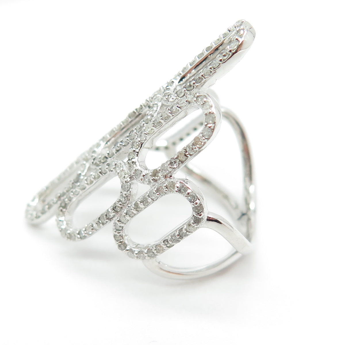 925 Sterling Silver Real Round-Cut Diamond Oval Link Ring Size 7